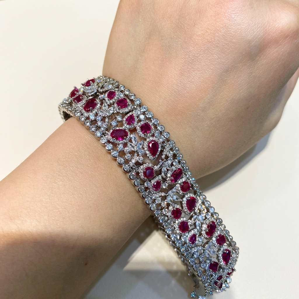 Hotpink cubic zirconia bracelet worn on a wrist