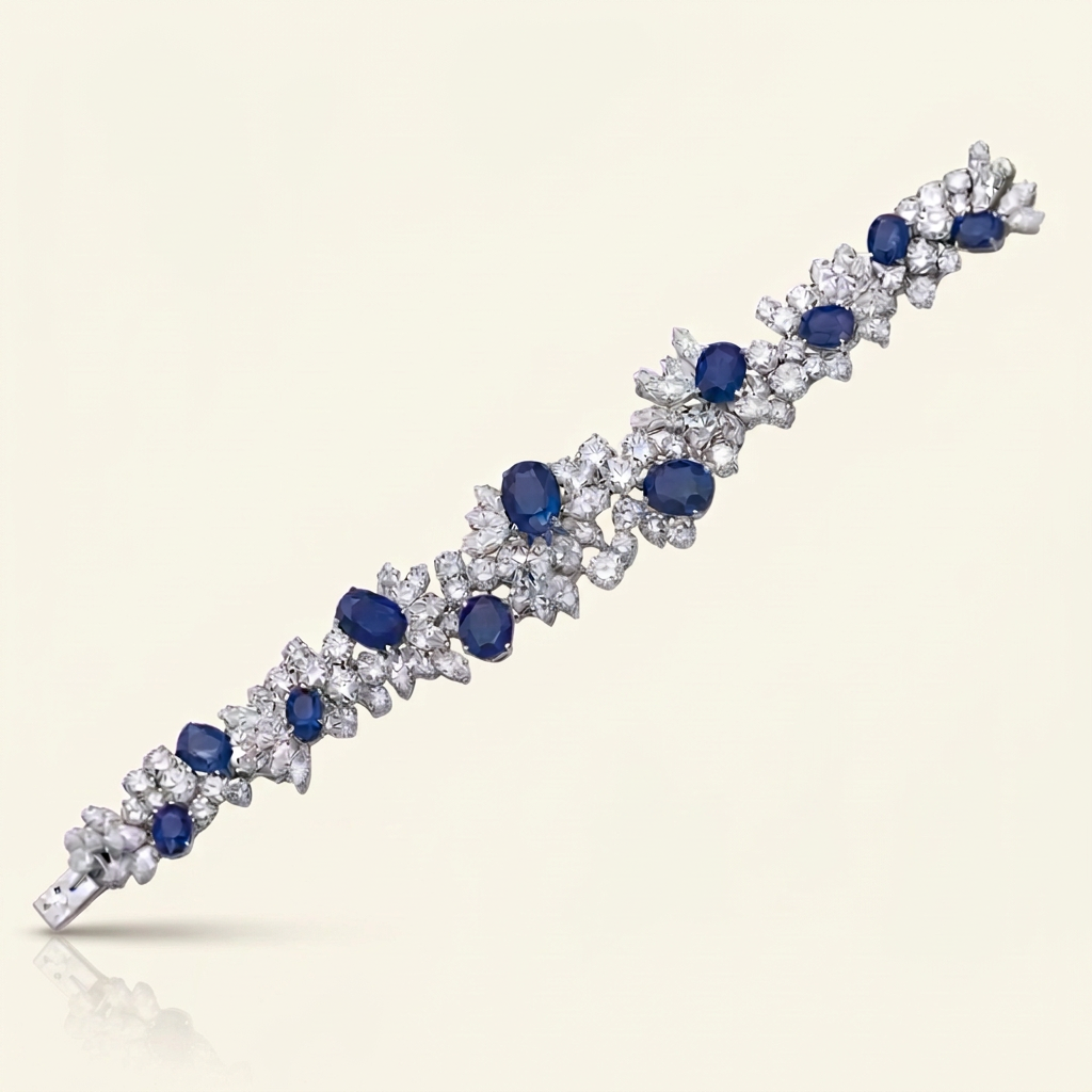 Bracelet with blue gemstones and white stones on a white background