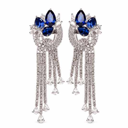 Silver sapphire pavé chandelier drop earrings with Diamond CZ in two-tone gold and rhodium