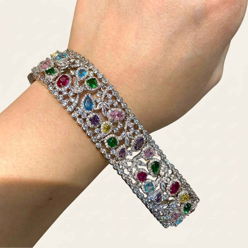 Silver Multi cubic zirconia bracelet worn on a wrist