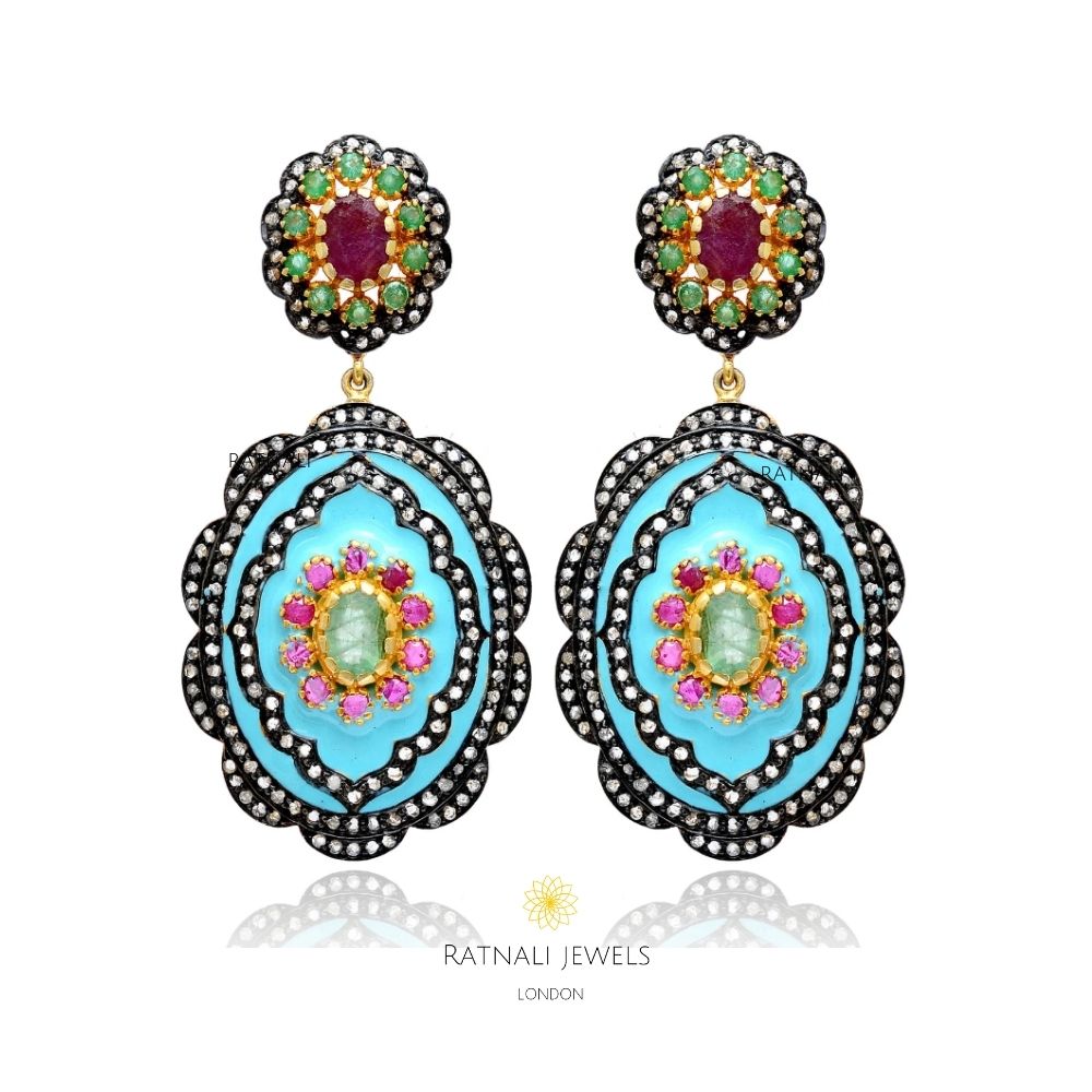 Ruby Pave Diamond Silver Gold Plated Enamel Earrings - ratnalijewels