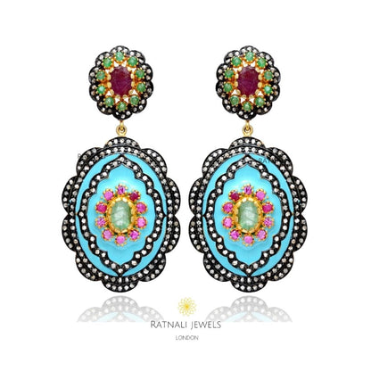 Ruby Pave Diamond Silver Gold Plated Enamel Earrings - ratnalijewels