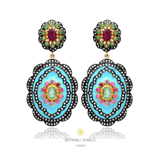 Ruby Pave Diamond Silver Gold Plated Enamel Earrings - ratnalijewels
