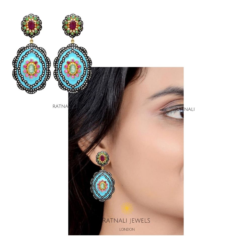 Ruby Pave Diamond Silver Gold Plated Enamel Earrings - ratnalijewels