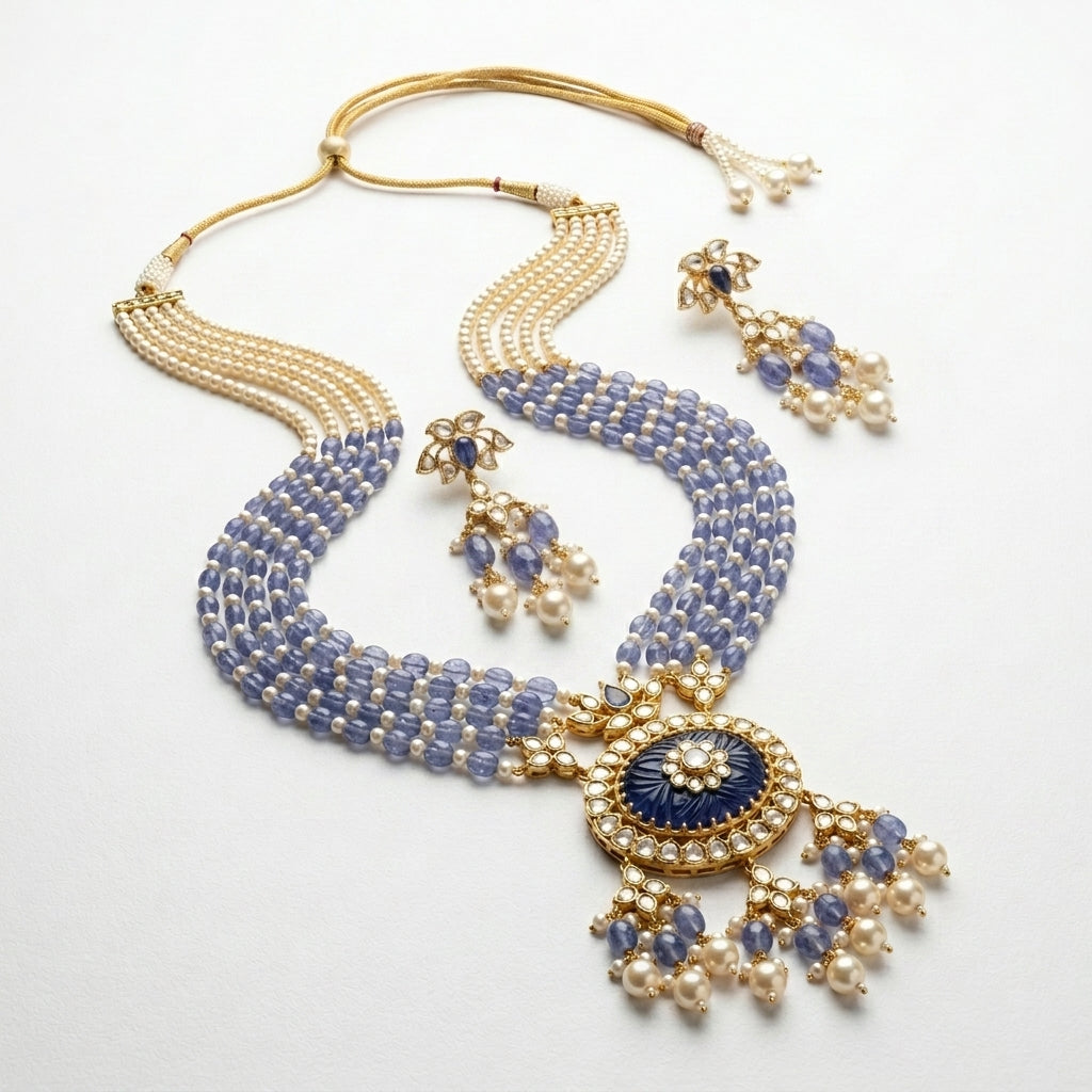 Blue Tanzanite Polki Pearl Necklace Set - ratnalijewels