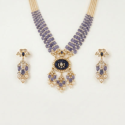 Blue Tanzanite Polki Pearl Necklace Set - ratnalijewels