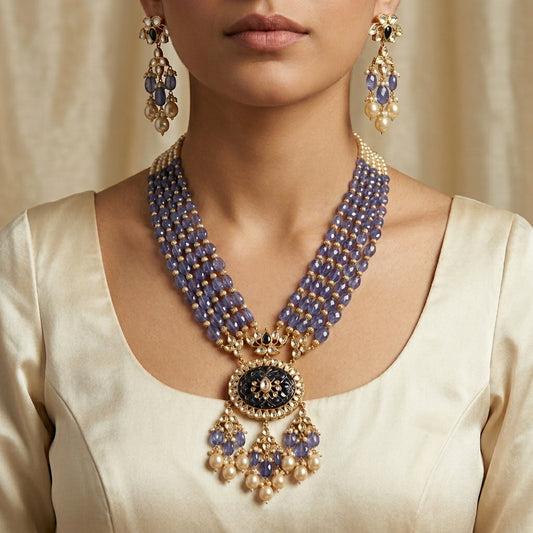 Blue Tanzanite Polki Pearl Necklace Set - ratnalijewels