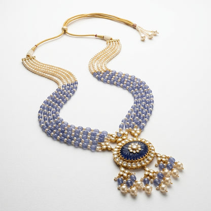 Blue Tanzanite Polki Pearl Necklace Set - ratnalijewels
