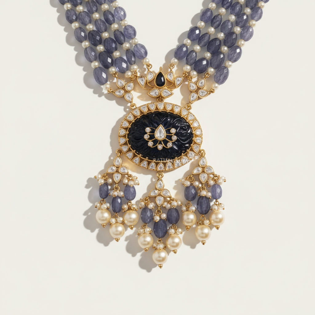 Blue Tanzanite Polki Pearl Necklace Set - ratnalijewels
