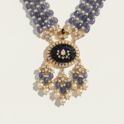 Blue Tanzanite Polki Pearl Necklace Set - ratnalijewels