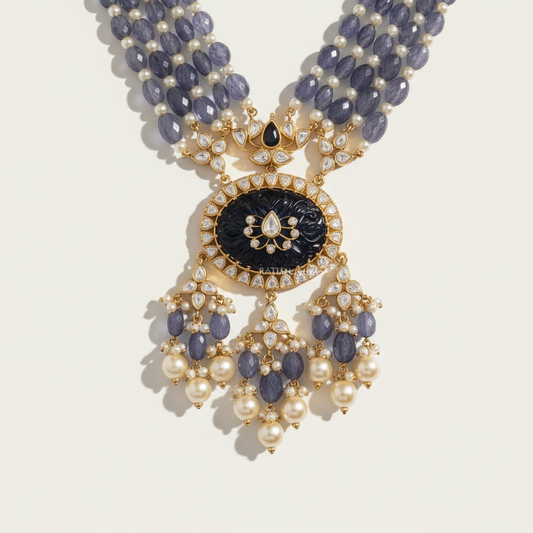 Blue Tanzanite Polki Pearl Necklace Set - ratnalijewels