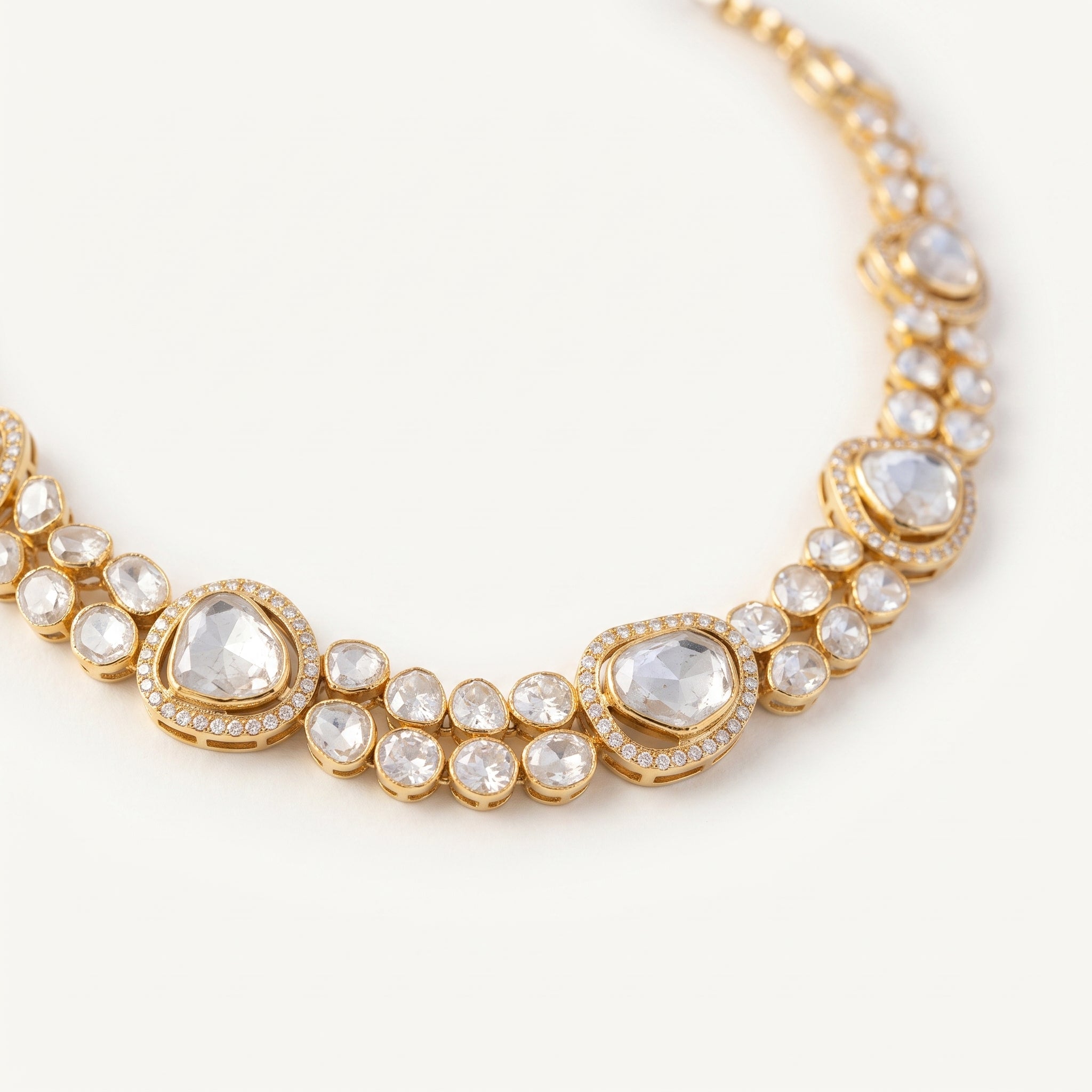 Close-up of a Ratnali Moissanite Polki necklace