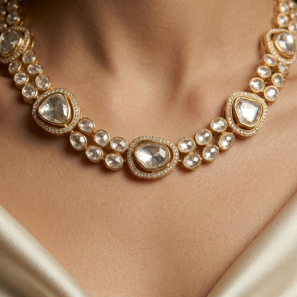Classic Moissanite Polki Necklace - ratnalijewels
