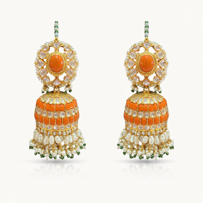 Moissanite Polki Coral and Pearl Bridal Necklace & Jhumka Set - ratnalijewels