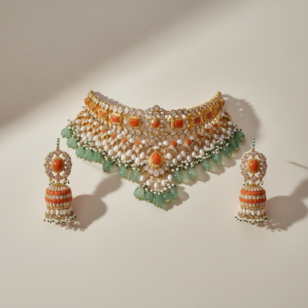 Moissanite Polki Coral and Pearl Bridal Necklace & Jhumka Set - ratnalijewels