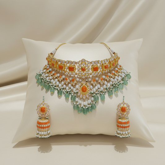 Ornate necklace and earrings set on a beige pillow with a beige fabric background