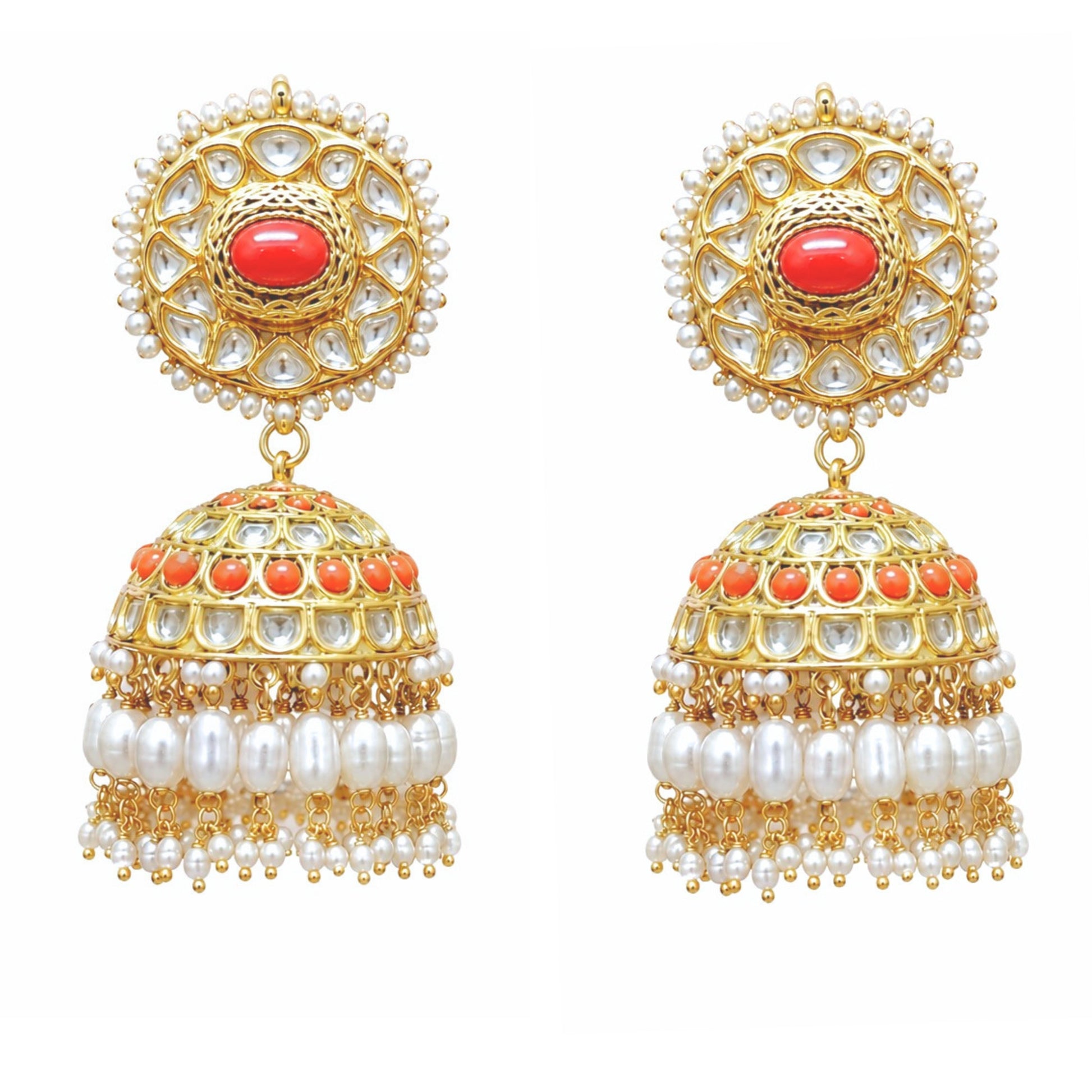 gold coral jhumka earrings