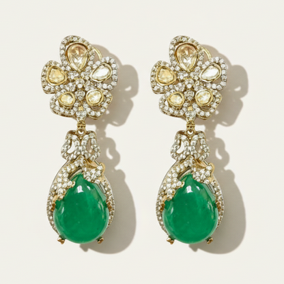 Emerald Green Polki Inspired Floral Drop Earrings - ratnalijewels