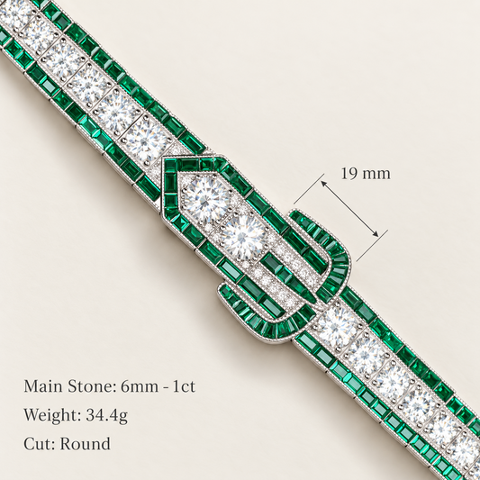Emerald Art Deco Buckle Bracelet dimensions showing 19mm buckle detail, 6mm main stone and 34.4g weight