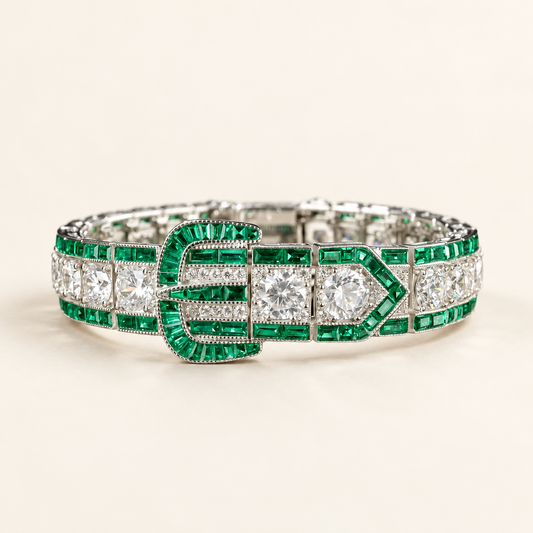 Emerald Art Deco Buckle Bracelet front view with lab created emeralds and 5A cubic zirconia in rhodium plated sterling silver