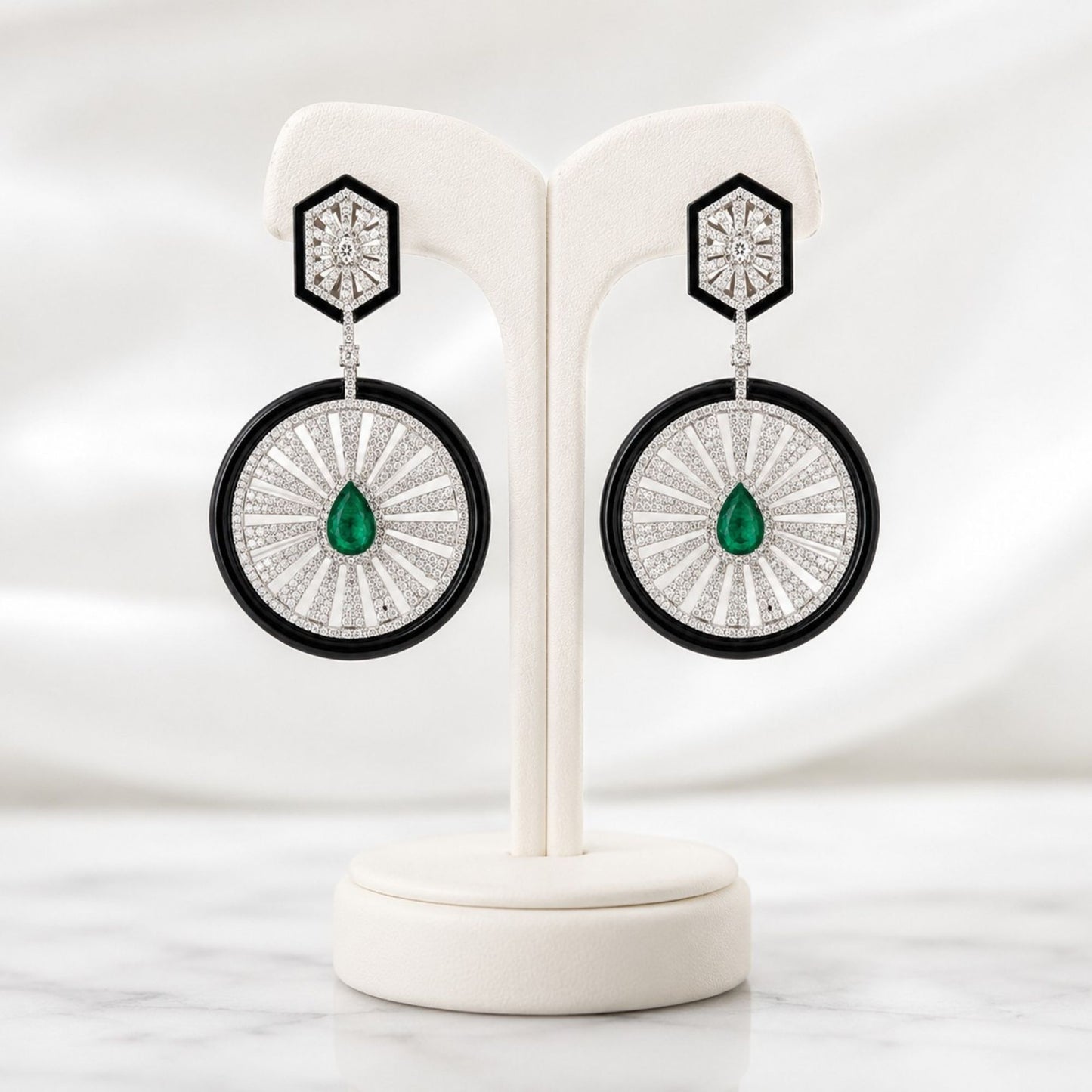 Art Deco CZ diamond, emerald colour stone and black enamel earrings, rhodium plated, front view