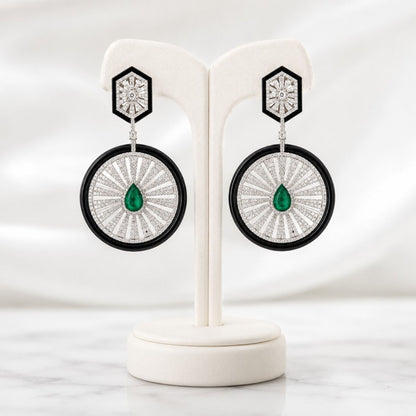 Art Deco CZ diamond, emerald colour stone and black enamel earrings, rhodium plated, front view