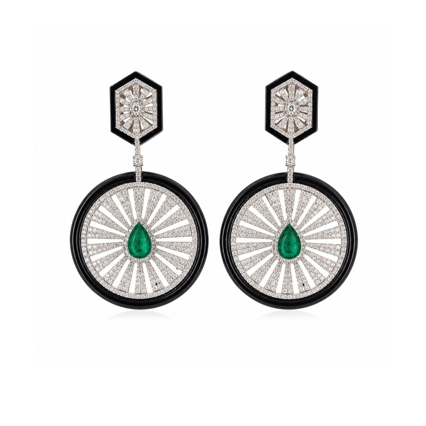 Pair of Art Deco CZ diamond, emerald and black enamel earrings by Ratnali Jewels