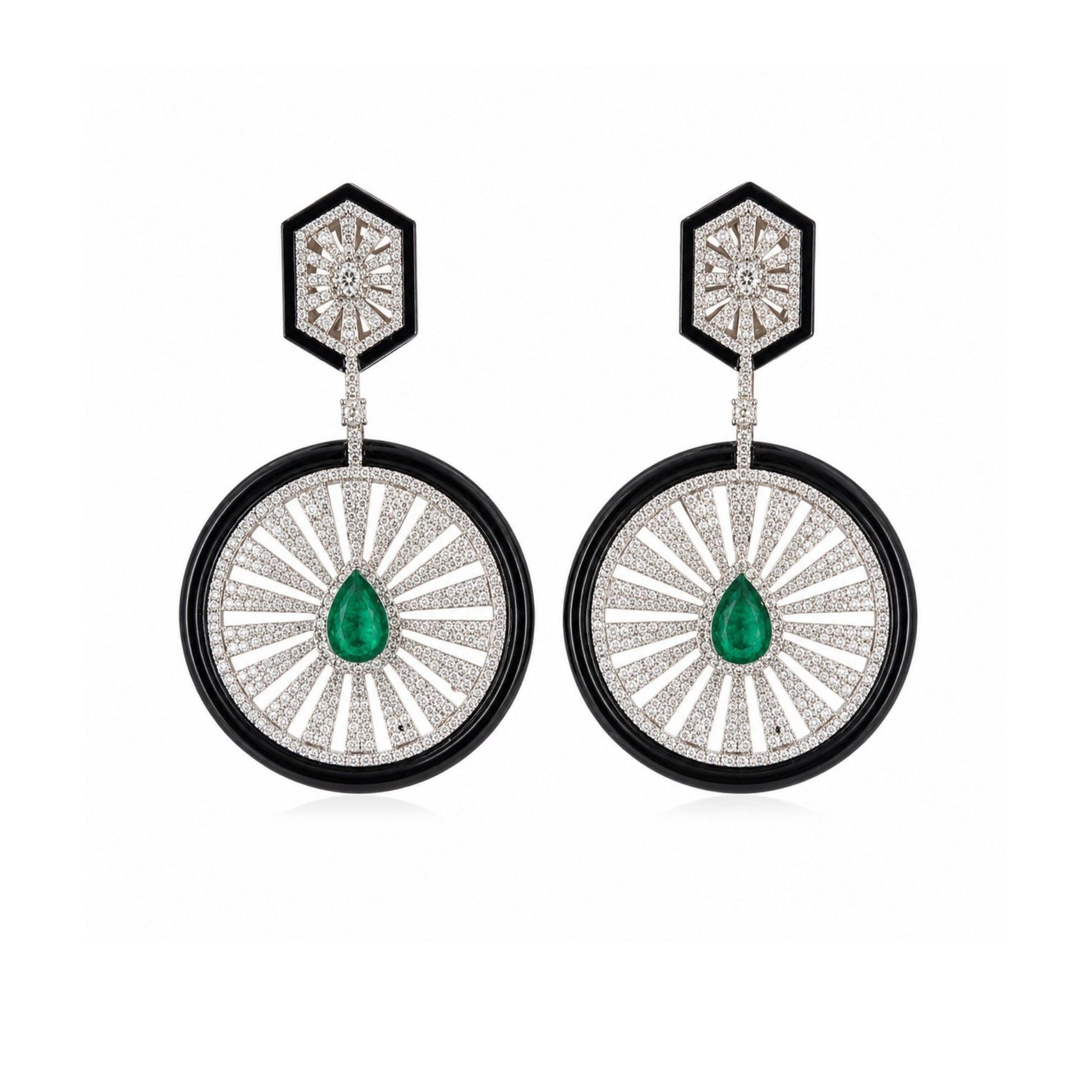 Pair of Art Deco CZ diamond, emerald and black enamel earrings by Ratnali Jewels