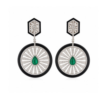 Pair of Art Deco CZ diamond, emerald and black enamel earrings by Ratnali Jewels