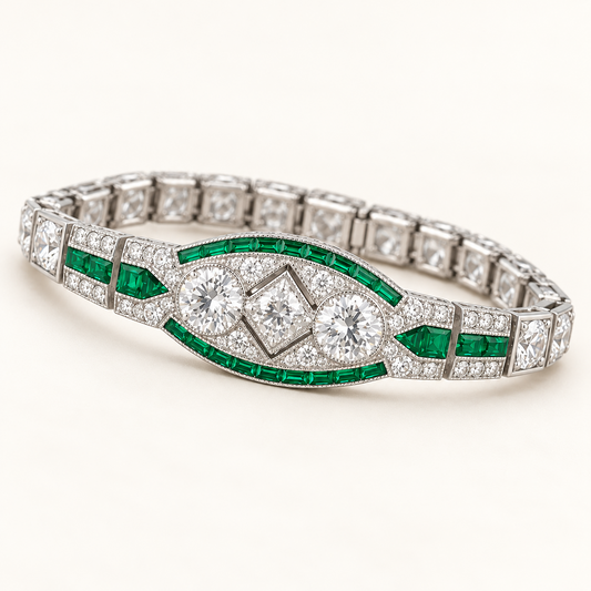 Emerald Art Deco Statement Bracelet angled view showing geometric green and clear stone detailing