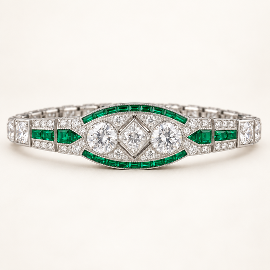 Emerald Art Deco Statement Bracelet front view with lab created emeralds and 5A cubic zirconia