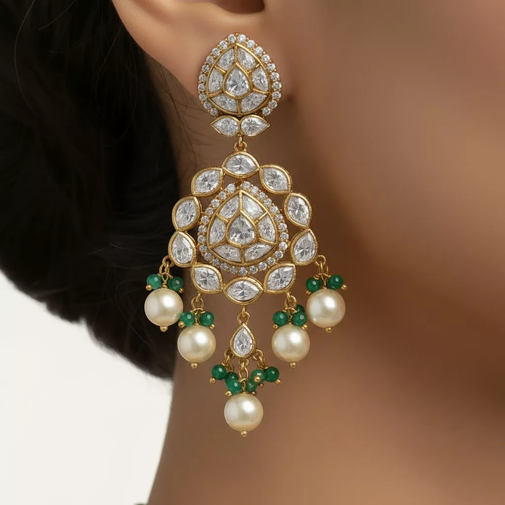 Moissanite Polki Green Bead Fringe Choker Necklace Set - ratnalijewels