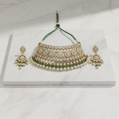 Moissanite Polki Green Bead Fringe Choker Necklace Set - ratnalijewels