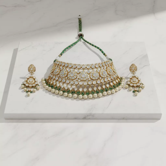 Moissanite Polki Green Bead Fringe Choker Necklace Set - ratnalijewels