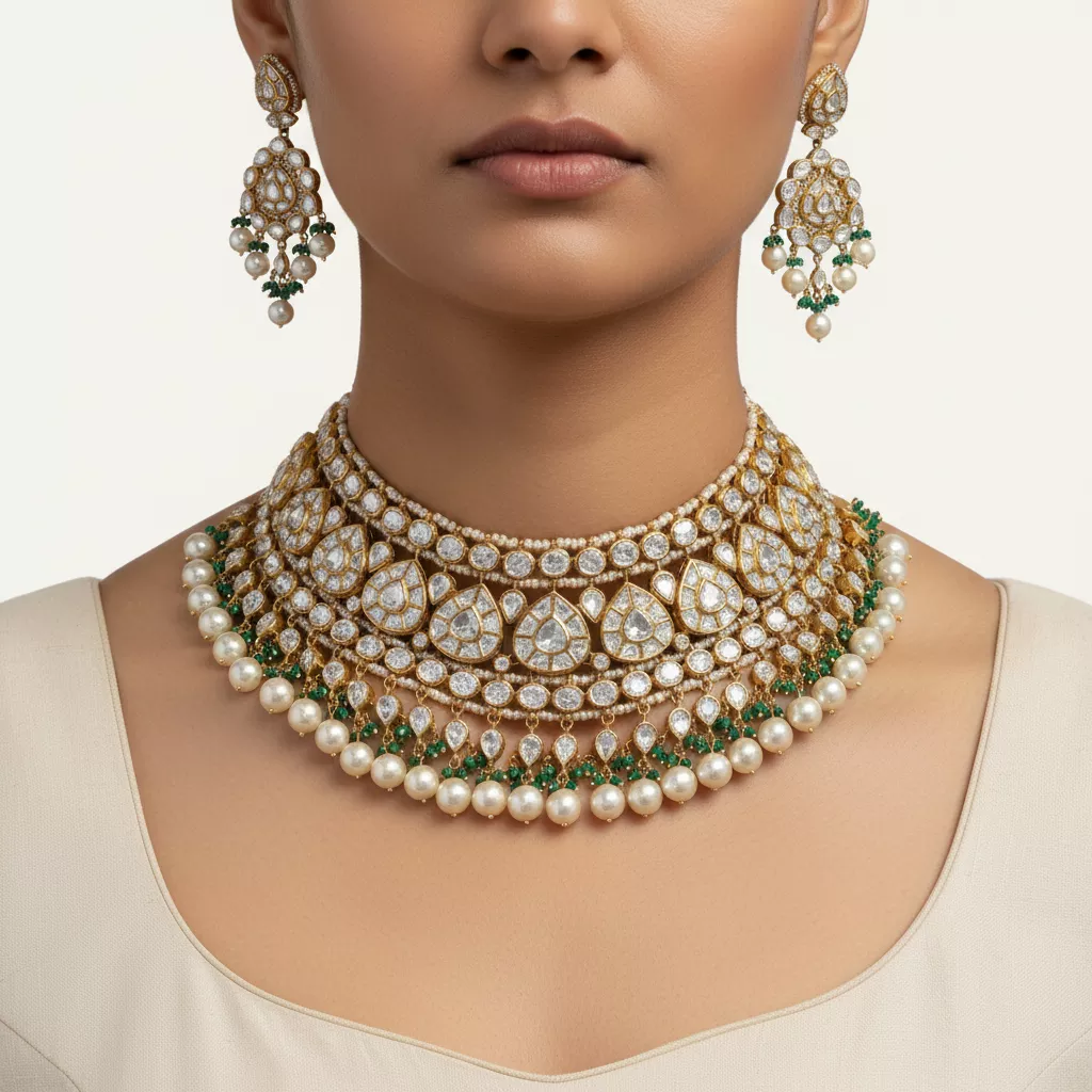 Moissanite Polki Green Bead Fringe Necklace Set - ratnalijewels