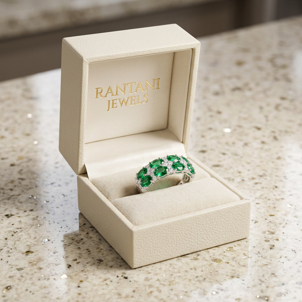 Emerald green eternity band silver ring, front view - Ratnali Jewels