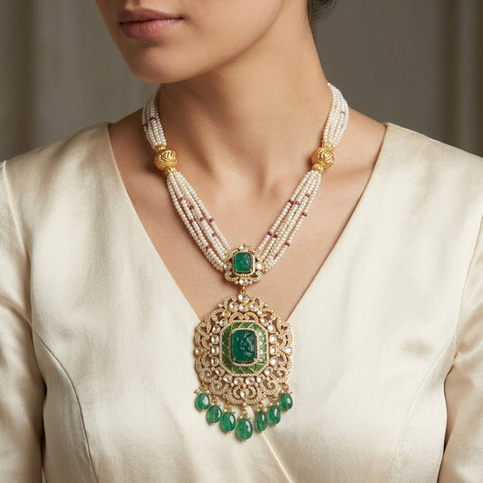 Emerald Polki Pendant Necklace Pearl Haar - ratnalijewels