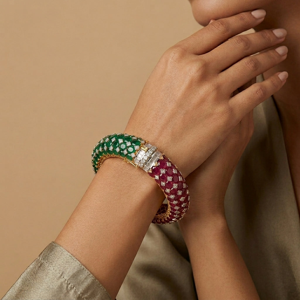 Emerald and Ruby Statement Kada Bangle - ratnalijewels