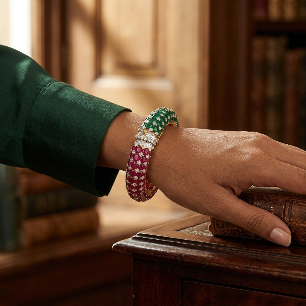 Emerald and Ruby Statement Kada Bangle - ratnalijewels