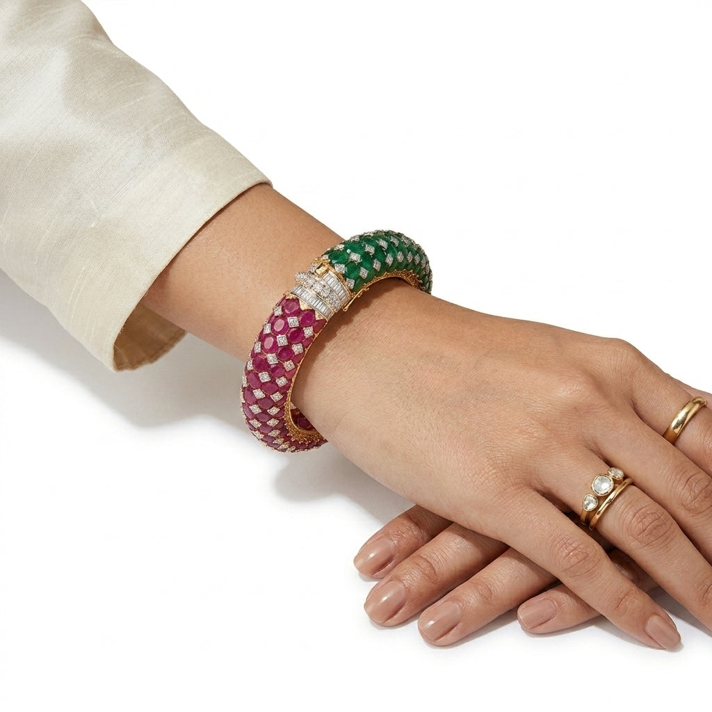 Emerald and Ruby Statement Kada Bangle - ratnalijewels