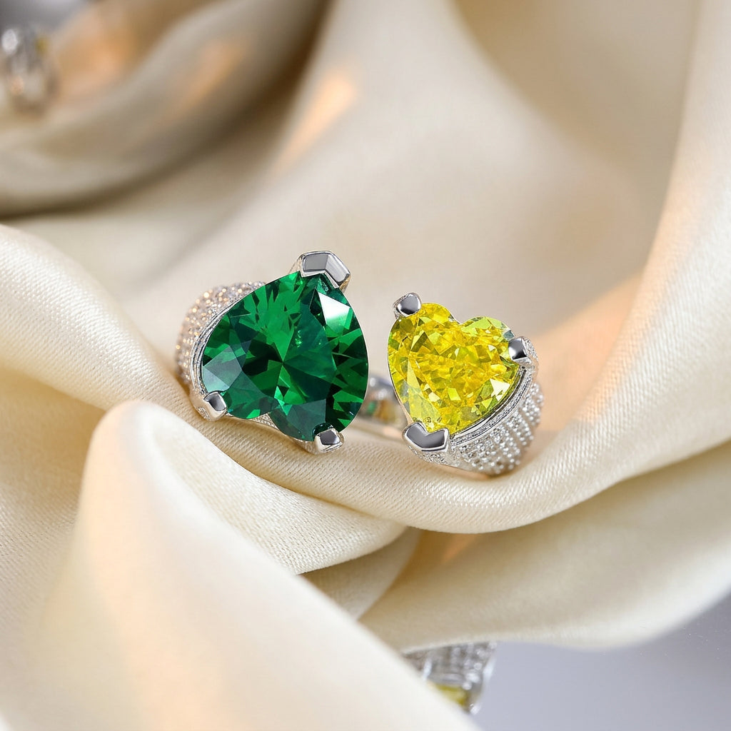 Emerald and yellow heart toi et moi silver ring, side view - Ratnali Jewels