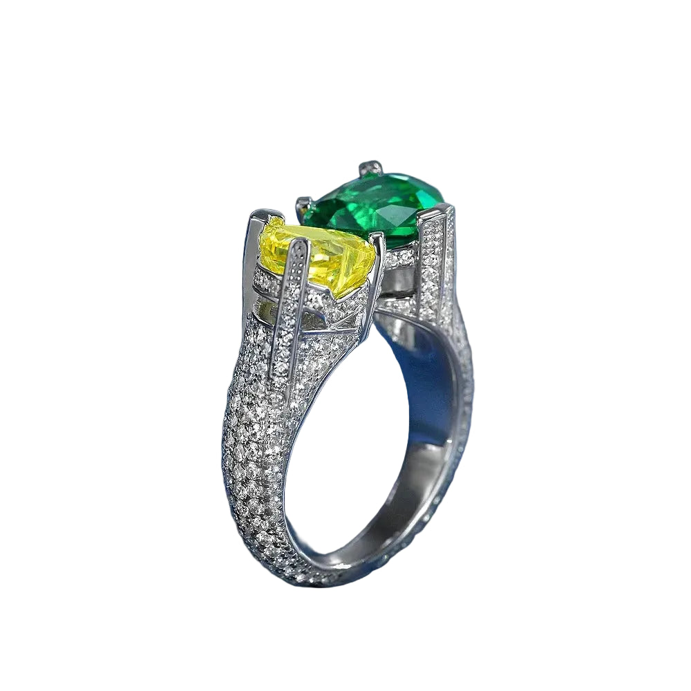 Emerald and yellow heart toi et moi silver ring on dark background - Ratnali Jewels
