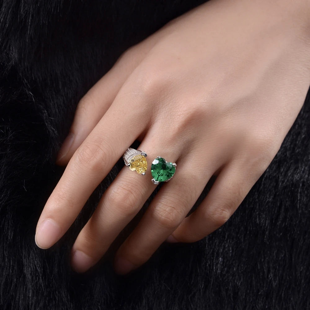 Emerald and yellow heart toi et moi silver ring, front view - Ratnali Jewels