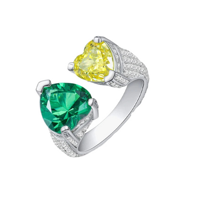 Emerald and yellow heart toi et moi silver ring - Ratnali Jewels