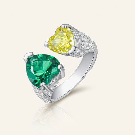 Emerald and yellow heart toi et moi silver ring - Ratnali Jewels
