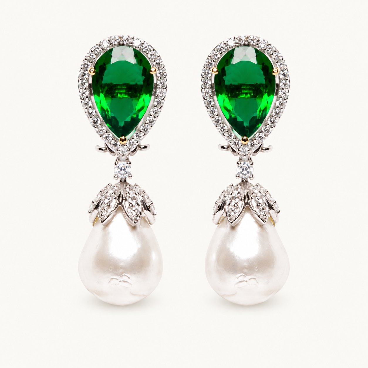 Emerald and baroque pearl drop earrings with Diamond CZ halo | Ratnali Jewels