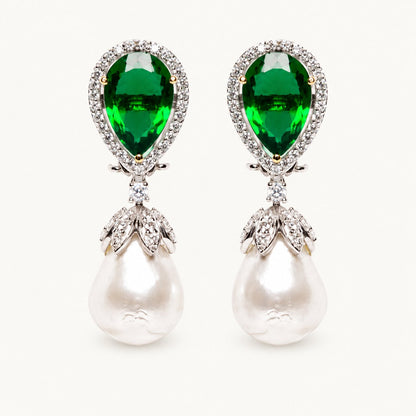 Emerald and baroque pearl drop earrings with Diamond CZ halo | Ratnali Jewels