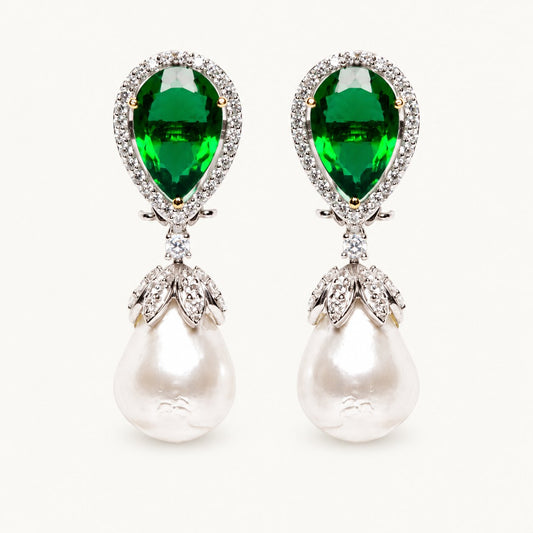 Emerald and baroque pearl drop earrings with Diamond CZ halo | Ratnali Jewels