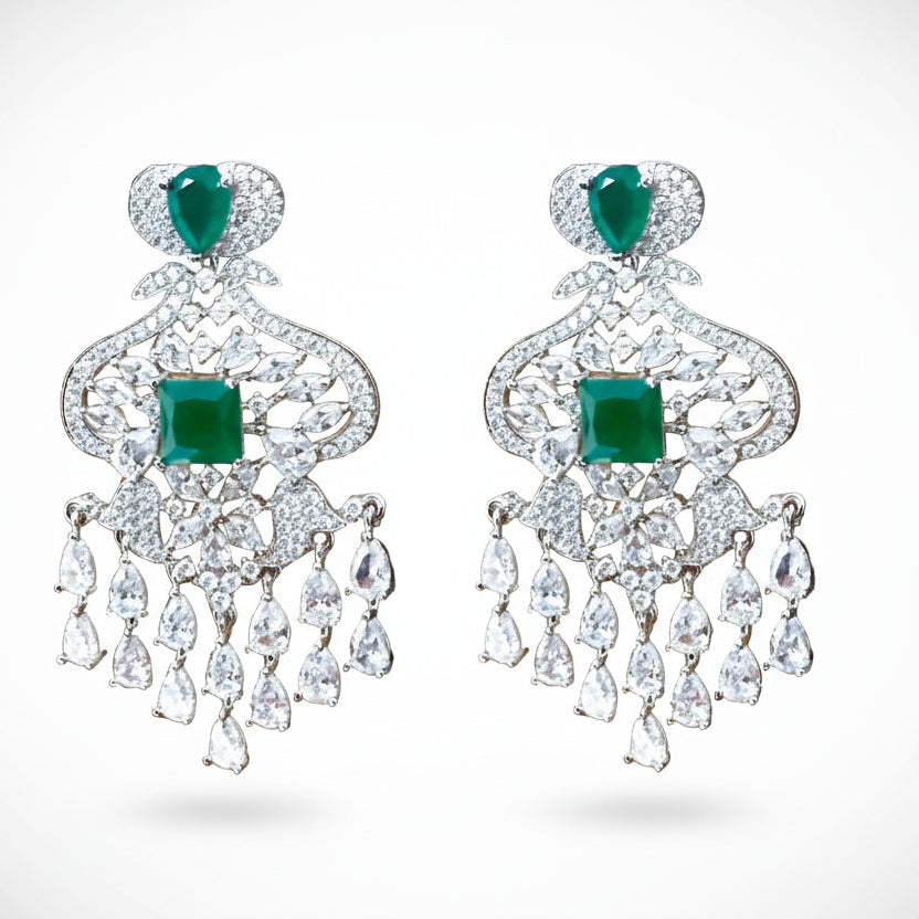 Anu | Green emerald coloured gemstone and cubic zirconia diamond cascading earrings - ratnalijewels