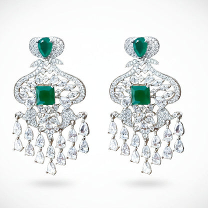 Anu | Green emerald coloured gemstone and cubic zirconia diamond cascading earrings - ratnalijewels